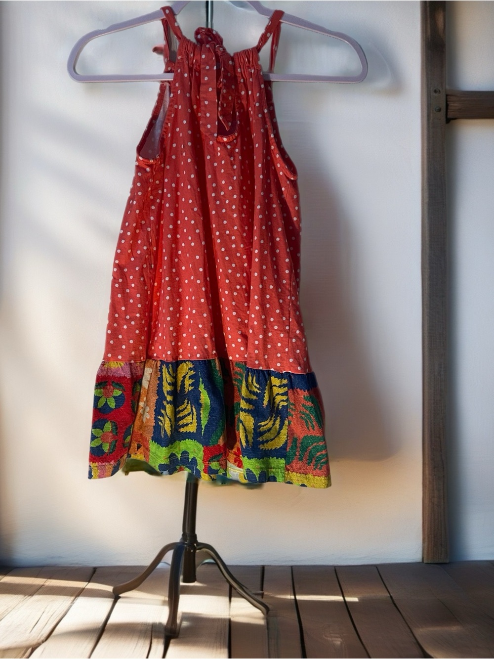 Red Polka Dot Halter Dress with Colorful Printed Hem for Girls